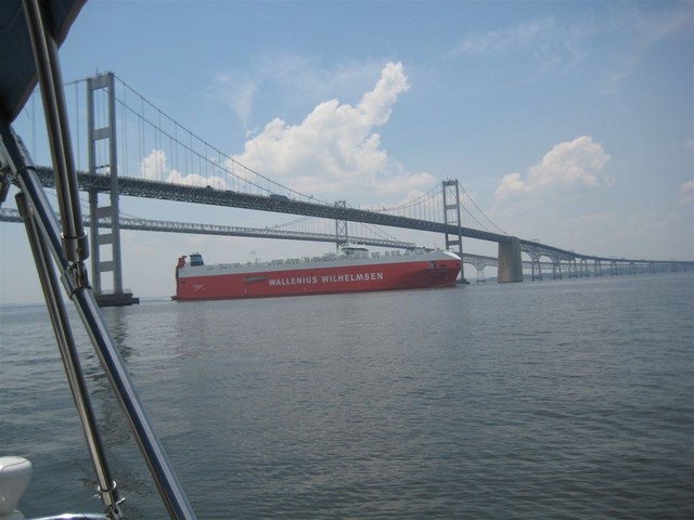 freighter passing under Chesapeake Bay Bridge