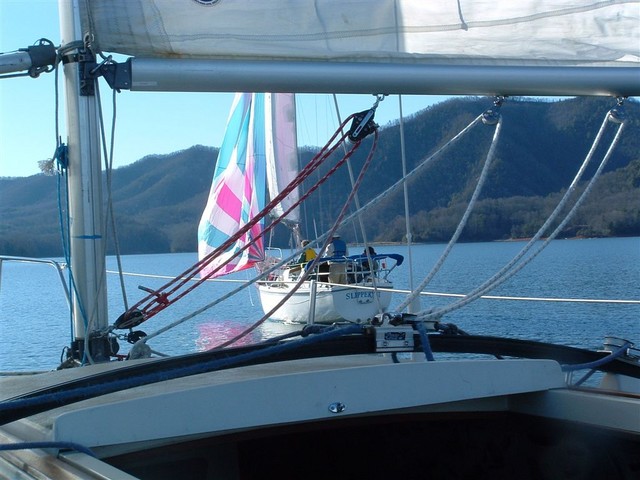 During race, view from Papillon II, Slippery II under mast
