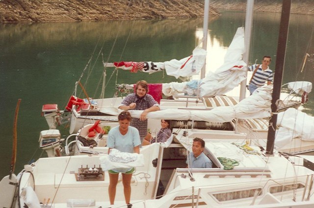 Jane and Bob Waterfield in foreground on Camelot, early rafting, early 1979?