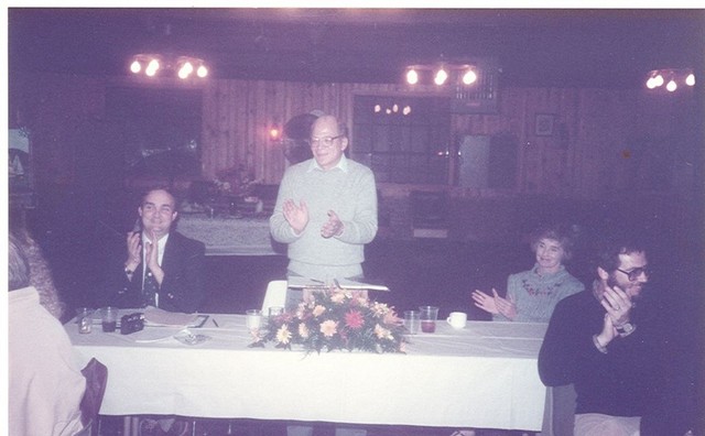 Sailing club dinner 1983, Ed Lockett (left), John Middaugh (Commodore), Billie Middaugh at head table, Mead Cabin, Kingsport.