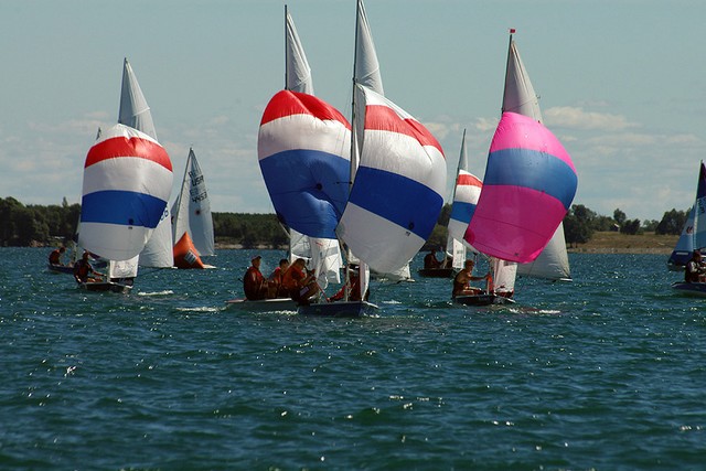 Baron Eliason on "Tiger Lily," 2005 Laser II Worlds in Canda (Pink spinnaker)