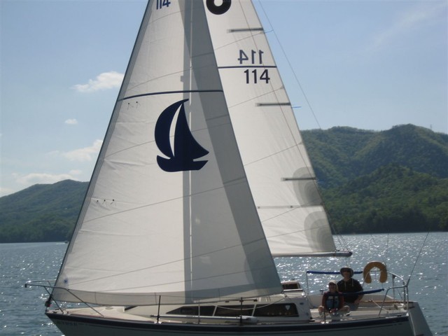 Bryson's new head sail with insignia attached