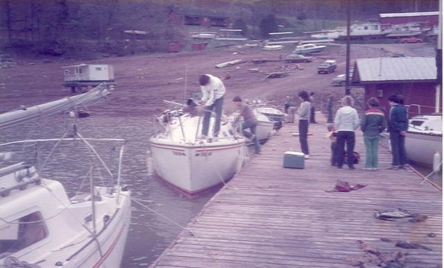 Water is coming up after draining lake, April 21, 1984 launching party.
