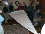Joe Waters during clinic demonstrating proper sail trim with 1/3 scale Catalina 22 mainsail (picture by Clarke Lucas)