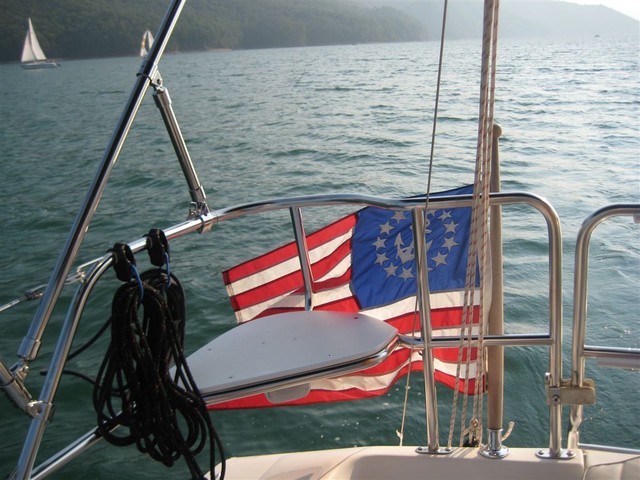 flag on stern of Wild Blue Yonder