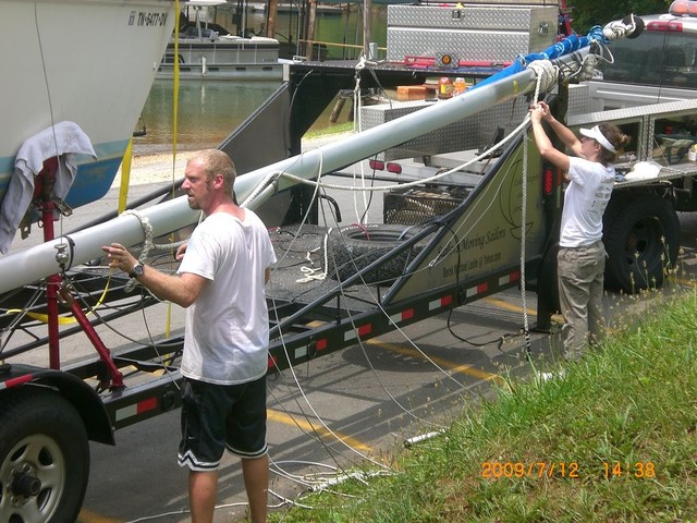 mast lowered, securing it to trailer